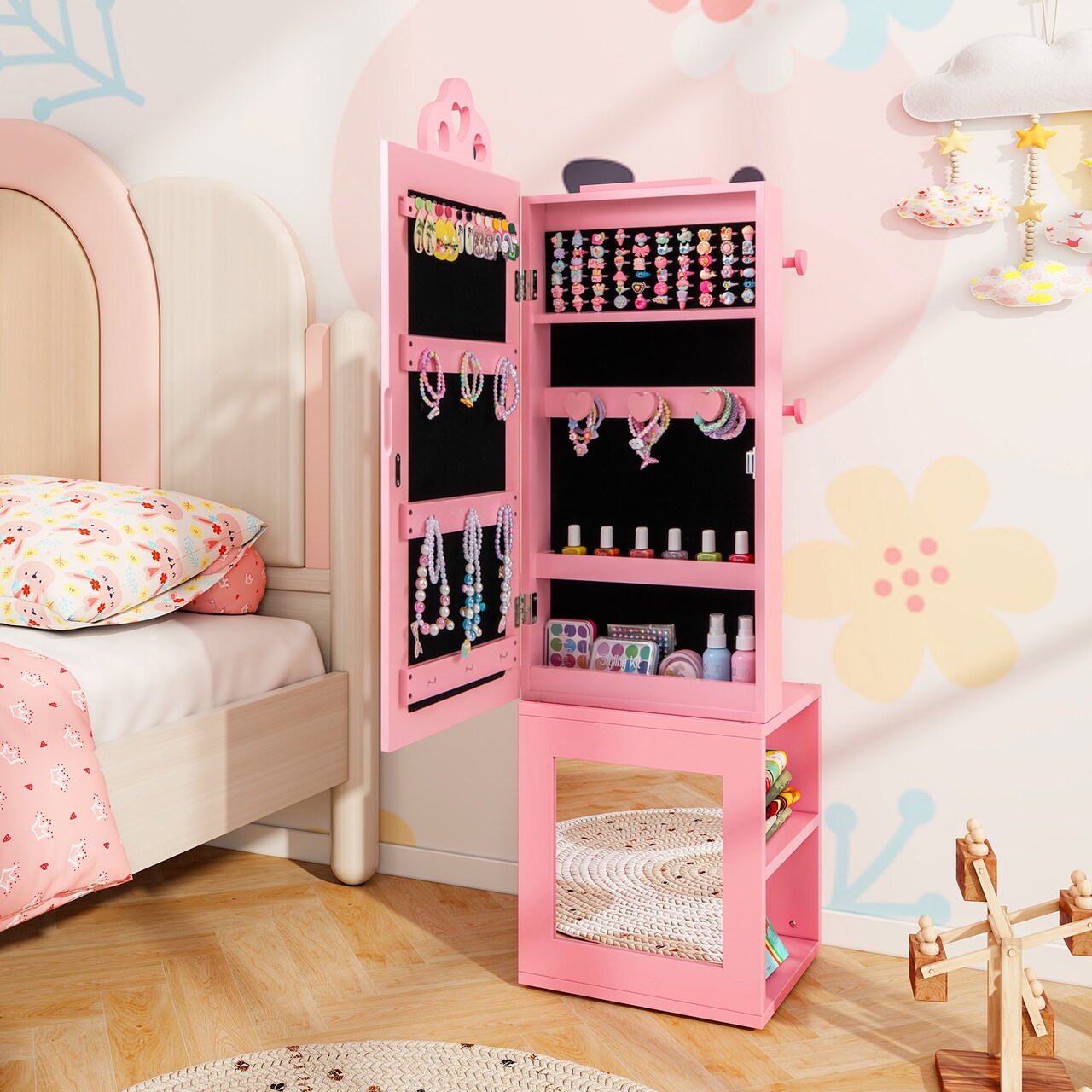 3-in-1 Freestanding Kids Jewelry Cabinet Armoire with Full Length Mirror - 13.5 L x 12 W x 46 H